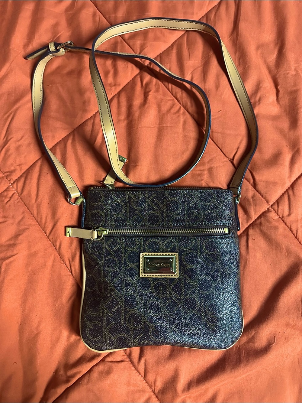 Calvin Klein Dark Brown Logo Crossbody with Tan Strap